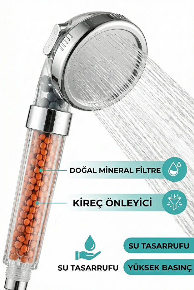 Boncuklu Tasarruflu Duş Başlığı - Kireç Önleyici Filtreli ve Tazyik Artırıcı Arıtmalı Duş Başlığı